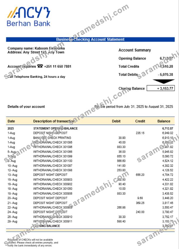 Berhan bank business firm account statement Word snd PDF format